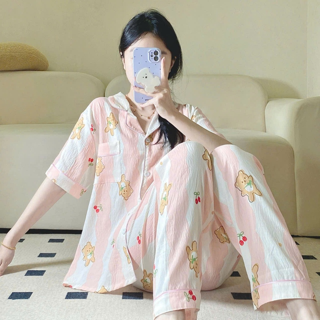 MEIQUIYI Bộ pyjama dài cộc tay cho nữ in hoạ tiết hoa lá mùa hè