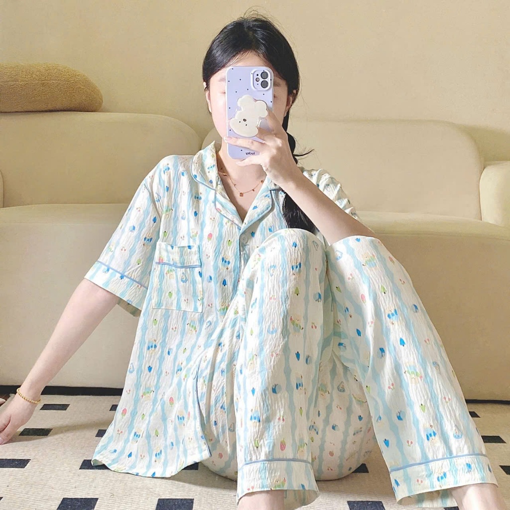 MEIQUIYI Bộ pyjama dài cộc tay cho nữ in hoạ tiết hoa lá mùa hè
