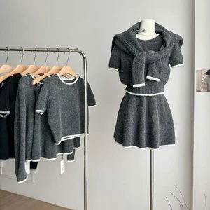Set LEN NỮ 3 CHI TIẾT - Áo cộc, Chân váy, Cardigan - (+ẢNH THẬT & Video) 2 màu GHI, ĐEN