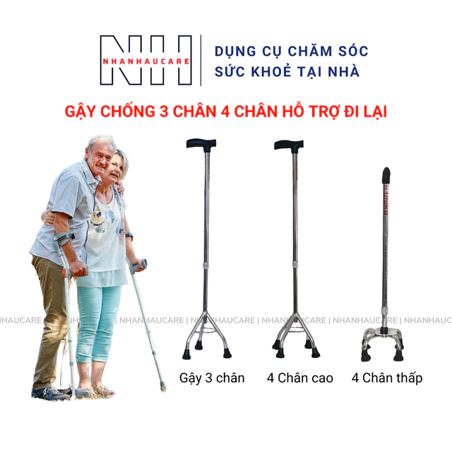 Gậy Chống Cho Người Già Hỗ Trợ Đi Lại, Gậy 3 Chân 4 Chân Inox Cho Người Già, Gậy Người Già