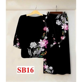 Set đồ thời trang trung niên thiết kế áo tay lở cổ tròn rộng họa tiết hoa quần ống rộng lưng chun chất gấm xước mát mẽ