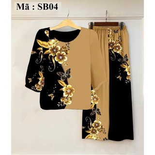 Set đồ thời trang trung niên thiết kế áo tay lở cổ tròn rộng họa tiết hoa quần ống rộng lưng chun chất gấm xước mát mẽ