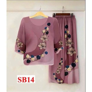 Set đồ thời trang trung niên thiết kế áo tay lở cổ tròn rộng họa tiết hoa quần ống rộng lưng chun chất gấm xước mát mẽ