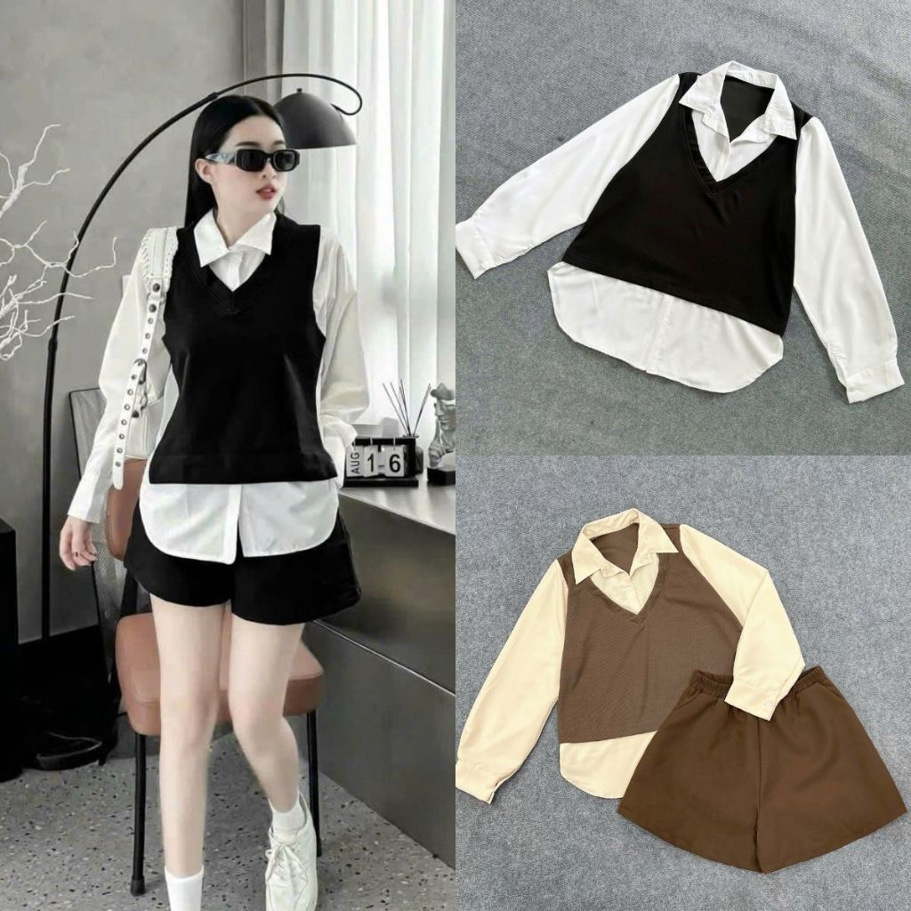 Set Đồ Bigsize Nữ Áo Kiểu Sơ Mi Vải Thun Ruby Phối Quần Đùi Tây Lên Phom Cá Tính SET944