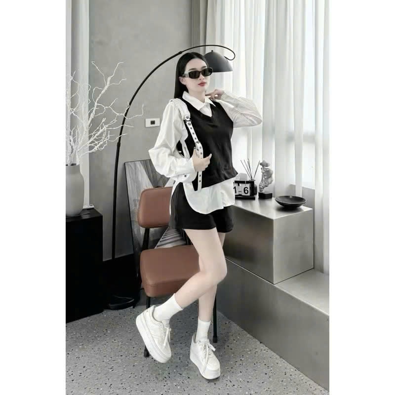 Set Đồ Bigsize Nữ Áo Kiểu Sơ Mi Vải Thun Ruby Phối Quần Đùi Tây Lên Phom Cá Tính SET944