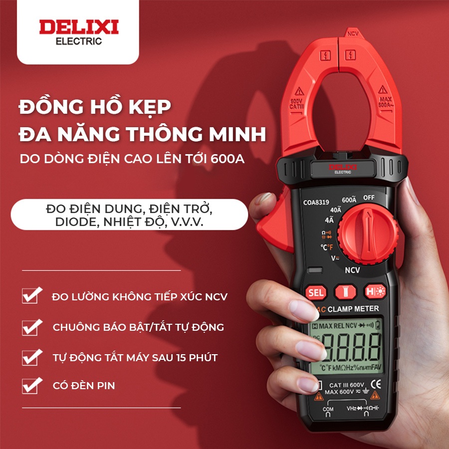 Đồng hồ kẹp dòng vạn năng kìm ampe kế DELIXI ELECTRIC đo tụ, tần số, AUTO,AC/DC