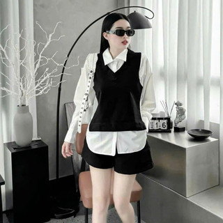 Set Sơ Mi Bigsize Nữ Áo Sơ Mi Kiểu Gile Công Sở Phối Quần Đùi Lưng Chun Cho Chubby 50-95kg SET944