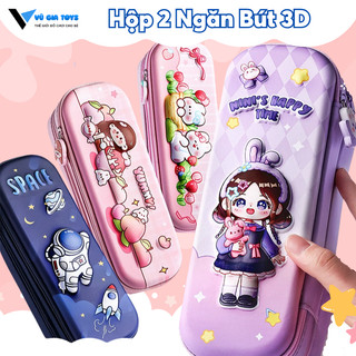 Hộp Đựng Bút Hai Ngăn Rộng Rãi Có Khóa Kéo Kết Hợp Họa Tiết 3D In Nổi Đáng Yêu, Siêu Nhẹ Chống Thấm Nước Dành Cho Bé