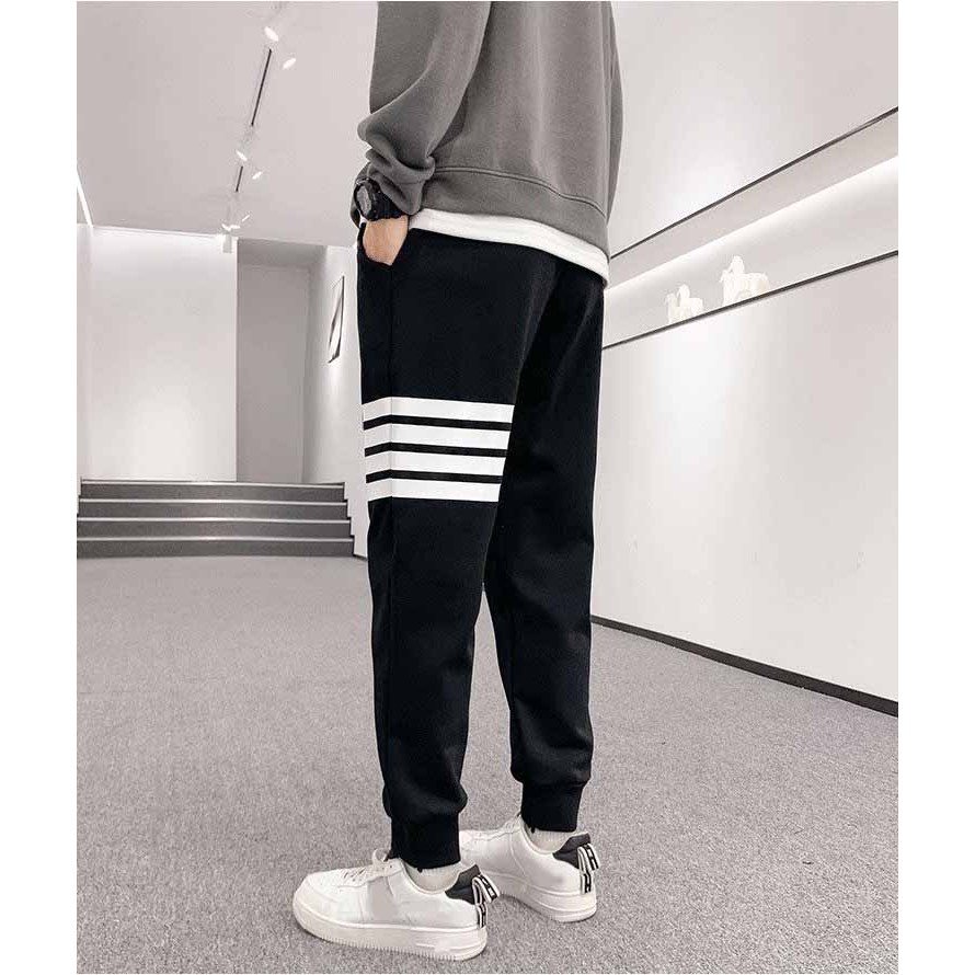 Quần Dài Nam Nữ Kẻ Viền Ngang Bo Gấu Cạp Chun Phối Dây Rút Thời Trang - unisex L1