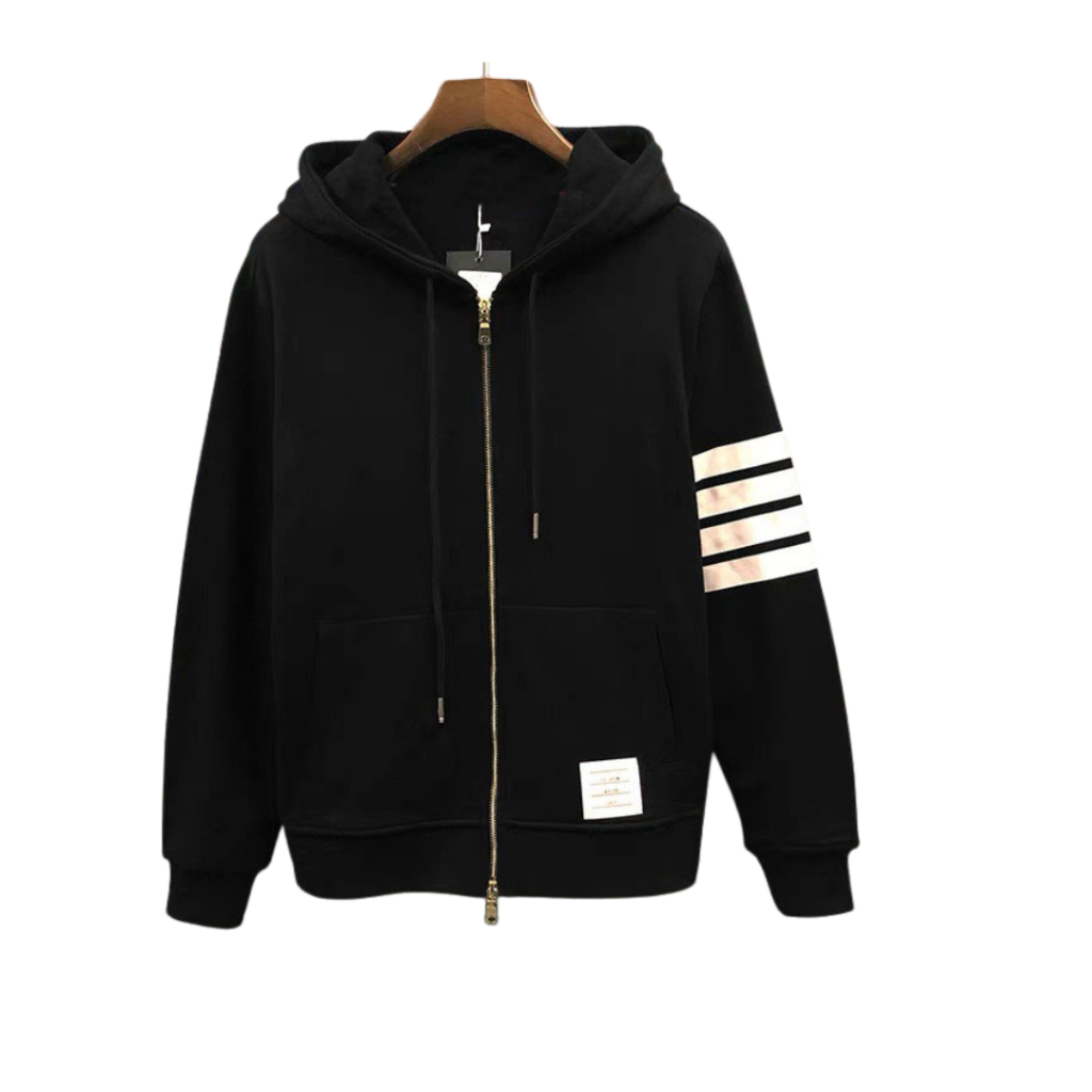 Áo khoác 4 sọc khóa kéo nam nữ form rộng có nón chống nắng màu đen đủ size phong cách - unisex