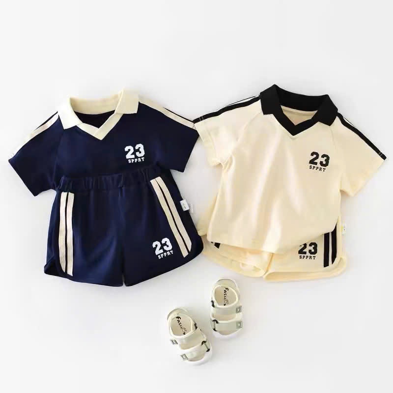 Bộ Hè áo cổ bẻ in Số 23 Cho Bé Trai Từ 7-17 Kg - Chất Vải Co Dãn 4 Chiều