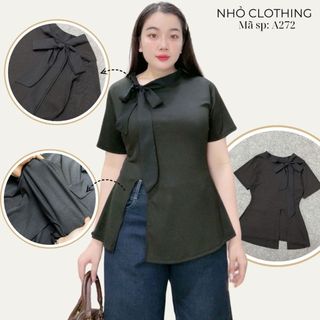 Áo thun Bigsize nữ kiểu xẻ tà, thắt nơ ở cổ tiểu thư, thanh lịch vải co giãn, che bắp tay, tôn dáng che khuyết điểm-A272