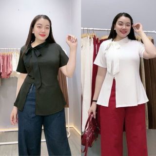 Áo thun Bigsize nữ kiểu xẻ tà, thắt nơ ở cổ tiểu thư, thanh lịch vải co giãn, che bắp tay, tôn dáng che khuyết điểm-A272