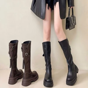 Giày Boots Đế Độn Cao Đến Đầu Gối Chất Da Bình Thường