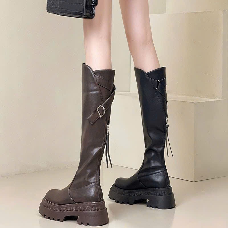 (Sẵn đen 39 nâu 37) Giày Boots Đế Độn Cao Đến Đầu Gối Chất Da Bình Thường