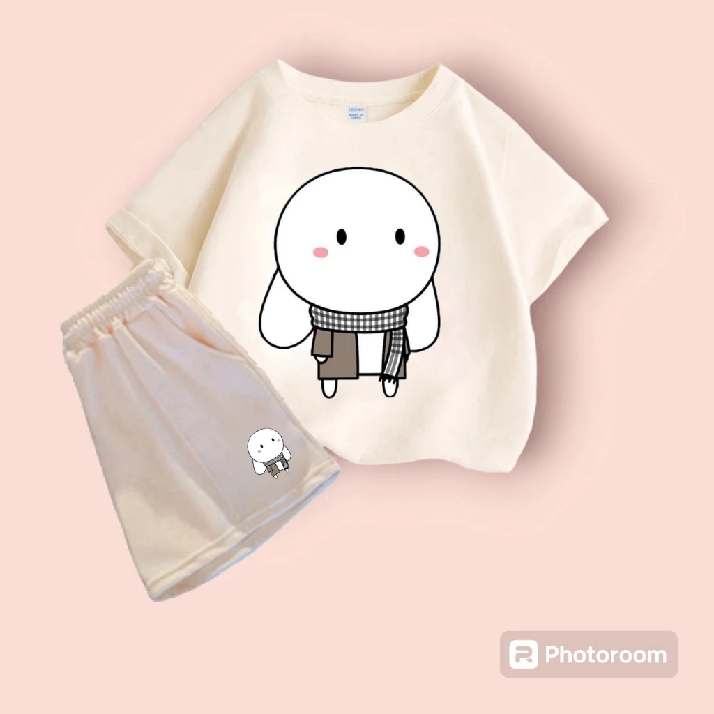 Bộ Quần Áo Trẻ Em Cộc Tay Hình Thỏ Trắng Quàng Khăn Đơn Giản Hot Trend Phù Hợp Mặc Cho Bé Vào Hè