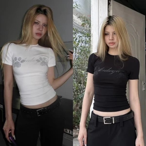 Áo thun babytee trắng đen cổ tròn hoạ tiết chân cún đính đá ABBT027 - Tiktik