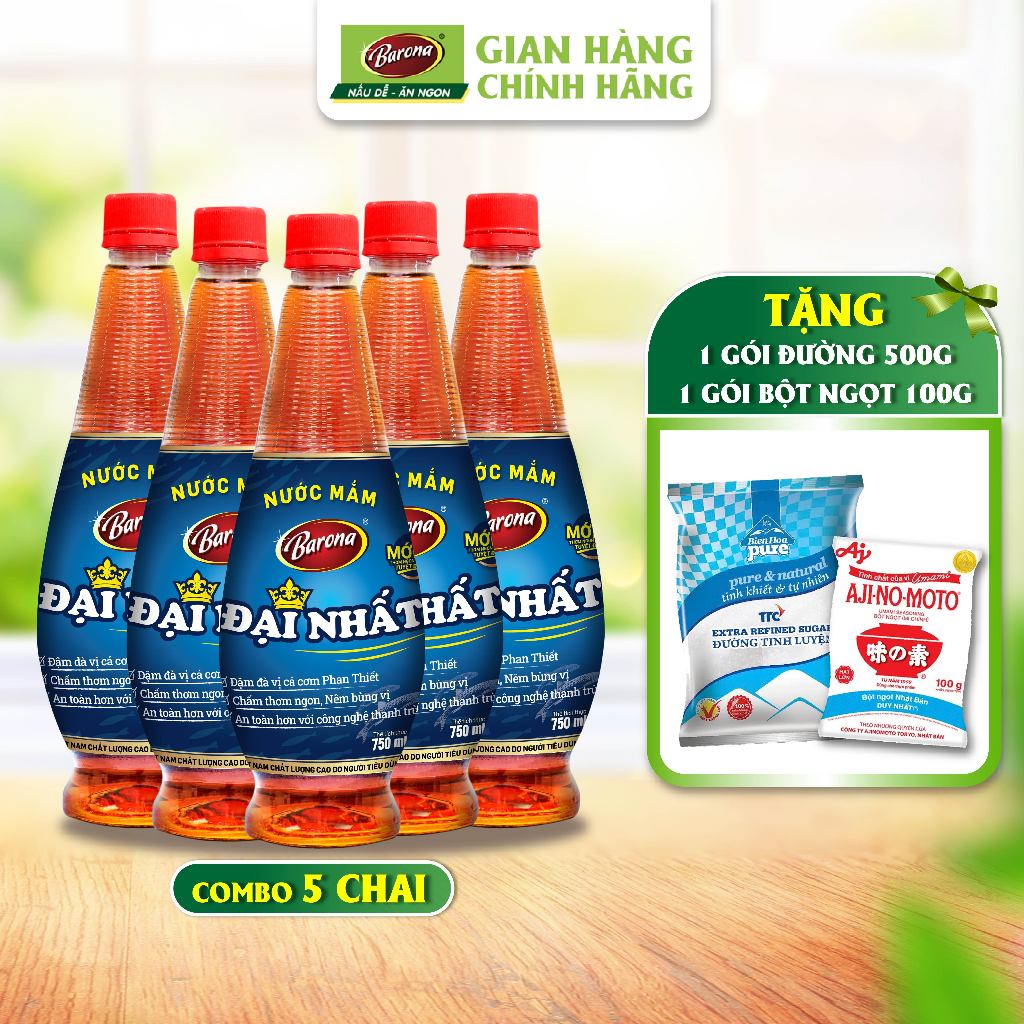 Ảnh Combo 5 chai Nước Mắm Barona Đại Nhất 12 Độ Đạm - 750ml [tặng 1 gói Đường 500gr + Bột Ngọt 100gr 1