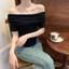 Áo Trễ Vai Tay Ngắn Kiểu Nữ RANSHI Thiết Kế Vạt Bầu Ôm Dáng Sexy Quyến Rũ Chất Gân Dày - RA302