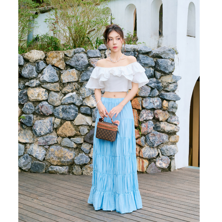 Set đồ biển đôi nam nữ set couple với người yêu áo sơ mi  nam + đầm maxi xòe áo trễ vai nữ thương hiệu LILA - AVRIO