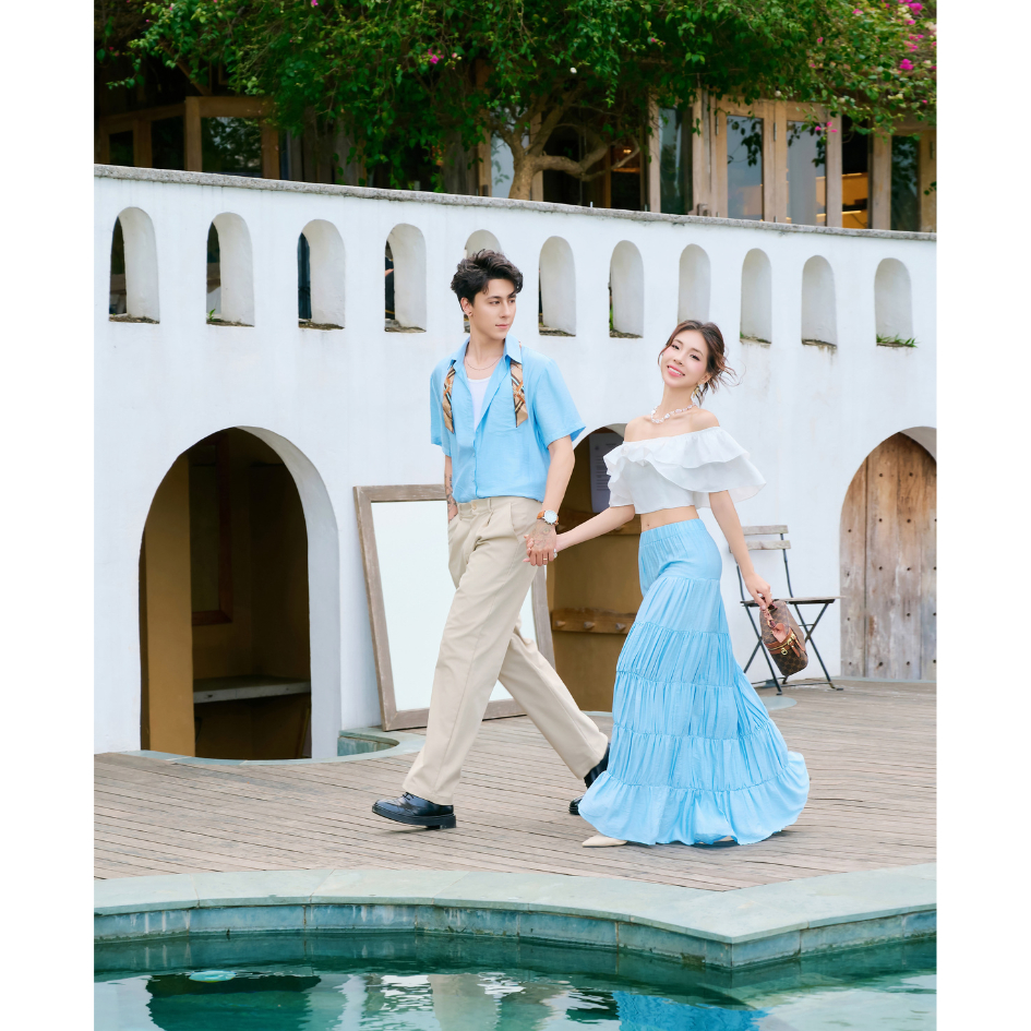 Set đồ biển đôi nam nữ set couple với người yêu áo sơ mi  nam + đầm maxi xòe áo trễ vai nữ thương hiệu LILA - AVRIO