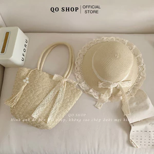 Combo Túi Mũ Cói Đi Biển Viền Ren Phong Cách Hàn Quốc Nón Cói Thắt Nơ Đi Chơi Đi Du Lịch T17M17B QO SHOP