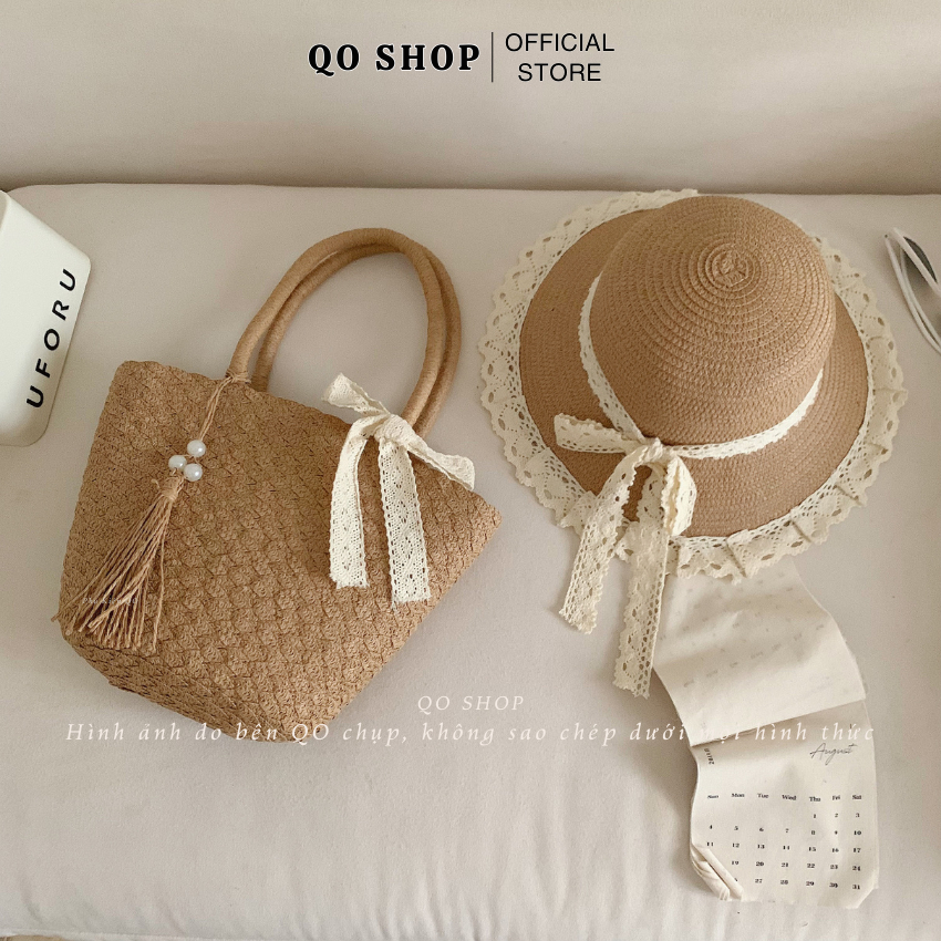 [MỞ BÁN]Combo Túi Mũ Cói Đi Biển Viền Ren Phong Cách Hàn Quốc Nón Cói Thắt Nơ Đi Chơi Đi Du Lịch T17M17B QO SHOP