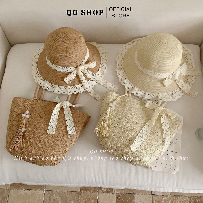[MỞ BÁN]Combo Túi Mũ Cói Đi Biển Viền Ren Phong Cách Hàn Quốc Nón Cói Thắt Nơ Đi Chơi Đi Du Lịch T17M17B QO SHOP