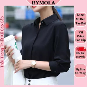 Áo Sơ Mi Đen Nữ Rymola, Không Nhăn, Giấu Nút, Tay Dài Có Bigsize, Sơ Mi Đen, Công Sở Chất Vải Cotton Form Suông