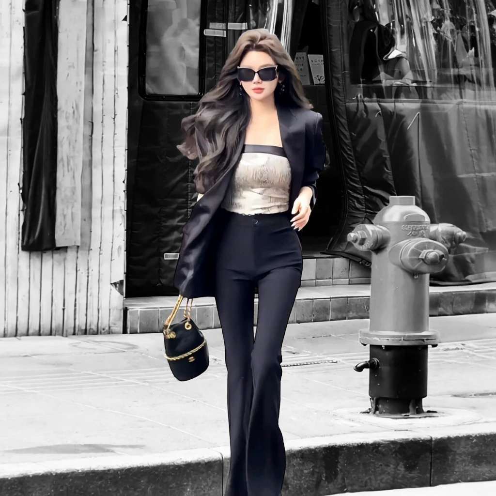 Quần ống loe HAZEE lưng cạp cao 1 cúc vải tuyết mưa không nhăn xù nữ dài suông loe culottes