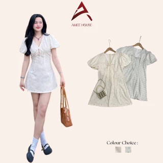 Váy ren ôm dáng ngắn tay bồng thắt nơ ameehouse