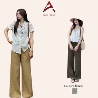 Quần kaki nữ thô mềm ống suông loe tone nâu vintage ameehouse