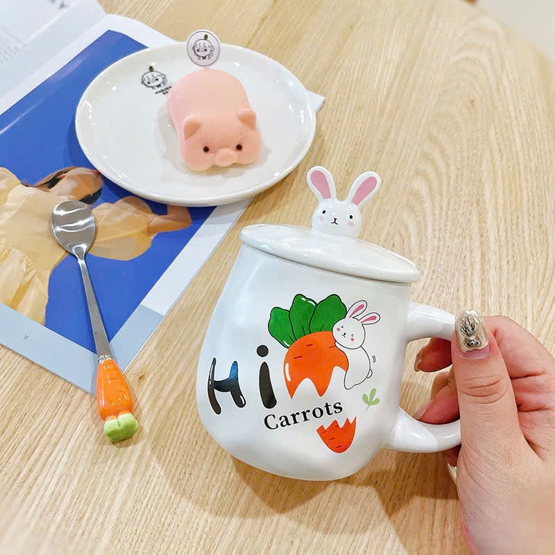Cốc Sứ Có Nắp 3D 400ml Hình Thỏ Dễ Thương Biểu Cảm Cute - Ly Sứ Thỏ Đáng Yêu Cầm Củ Cà Rốt