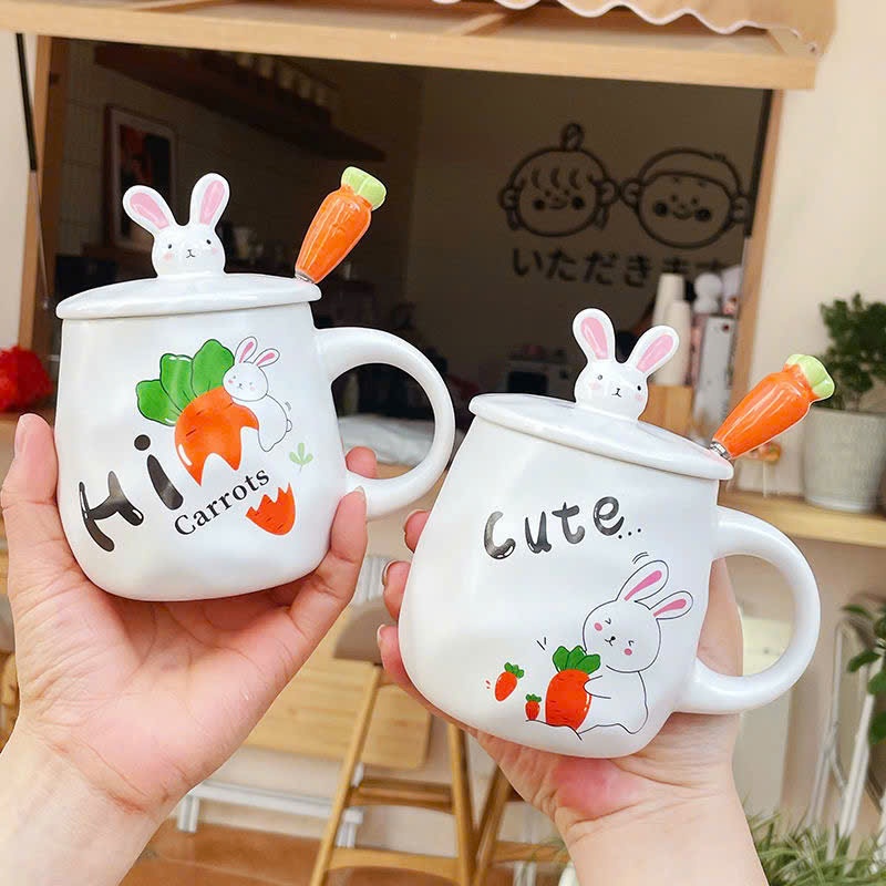Cốc Sứ Có Nắp 3D 400ml Hình Thỏ Dễ Thương Biểu Cảm Cute - Ly Sứ Thỏ Đáng Yêu Cầm Củ Cà Rốt