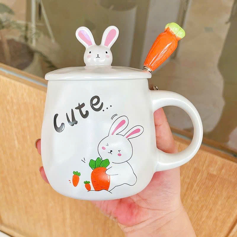 Cốc Sứ Có Nắp 3D 400ml Hình Thỏ Dễ Thương Biểu Cảm Cute - Ly Sứ Thỏ Đáng Yêu Cầm Củ Cà Rốt