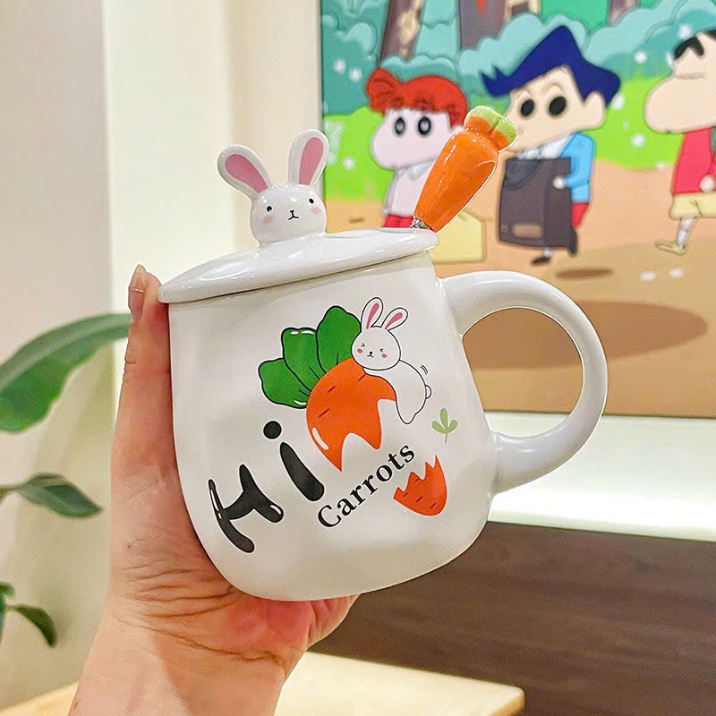 Cốc Sứ Có Nắp 3D 400ml Hình Thỏ Dễ Thương Biểu Cảm Cute - Ly Sứ Thỏ Đáng Yêu Cầm Củ Cà Rốt