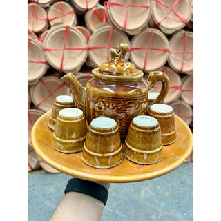 Bộ Bình Trà Nâu Cổ 450ml Kèm Ly Trà Nâu Cổ Dĩa Nâu - Gốm Xưa Lái Thiêu Nam Bộ Cho Người Hoài Niệm