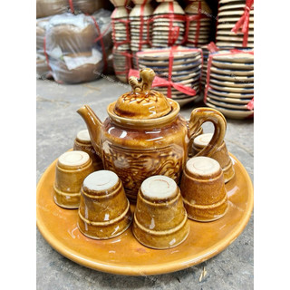 Bộ Bình Trà Nâu Cổ 450ml Kèm Ly Trà Nâu Cổ Dĩa Nâu - Gốm Xưa Lái Thiêu Nam Bộ Cho Người Hoài Niệm