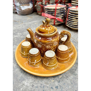 Bộ Bình Trà Nâu Cổ 450ml Kèm Ly Trà Nâu Cổ Dĩa Nâu - Gốm Xưa Lái Thiêu Nam Bộ Cho Người Hoài Niệm