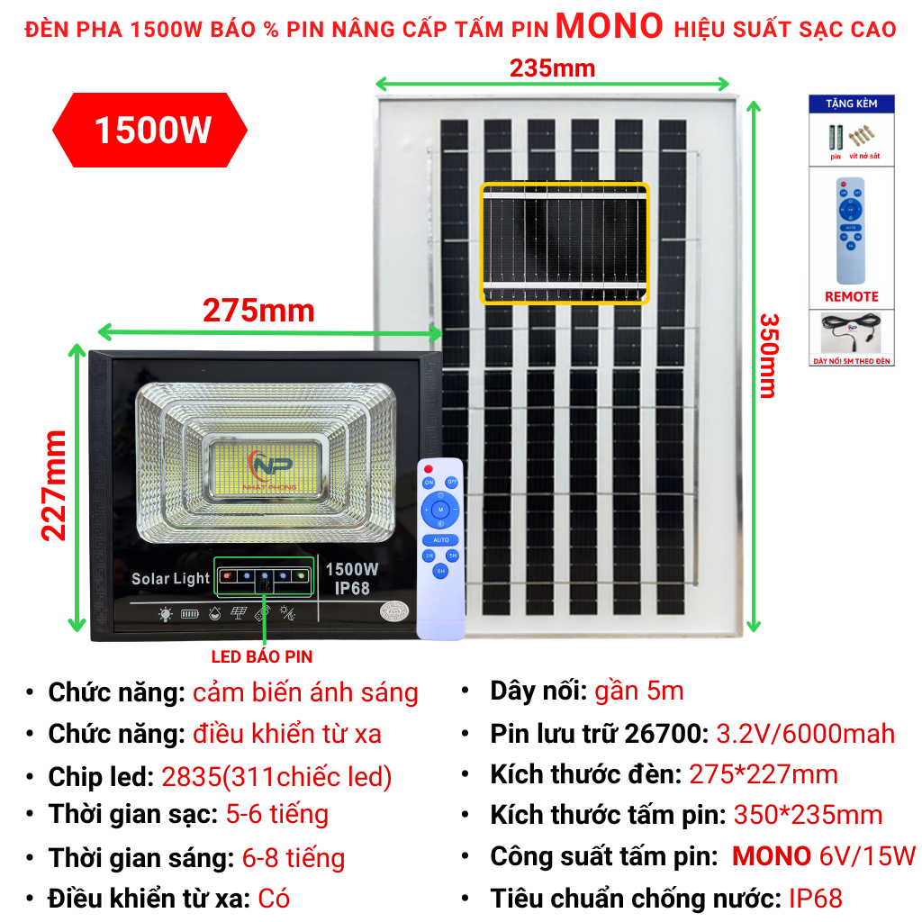Combo đèn năng lượng mặt trời SHOP NHẬT PHONG,đèn pha trang trí sân vườn 1 khoang đơn 1500W cảm biến ánh sáng, remot