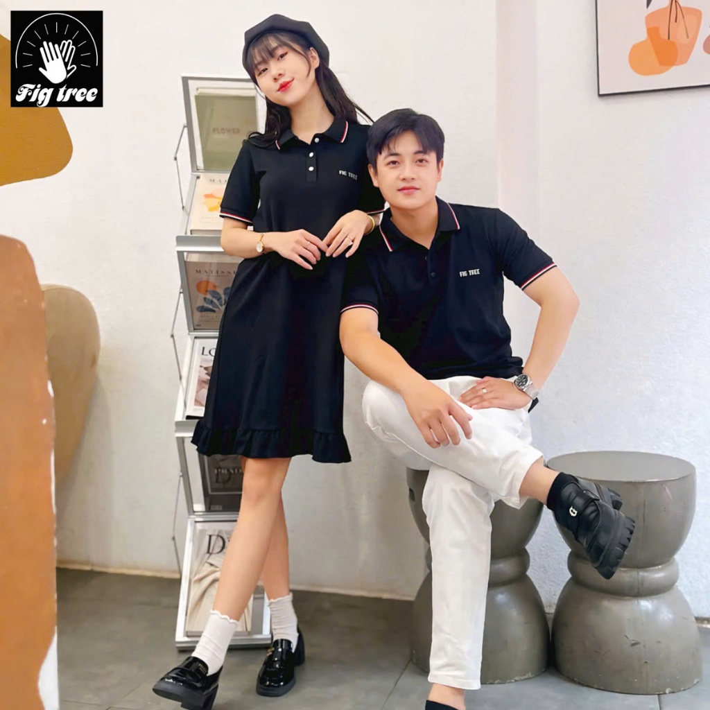 Set Áo Váy Đôi Fig Tree Thun Polo Màu Đen Huyền Bí ( hàng thiết kế full size kèm cận cảnh)