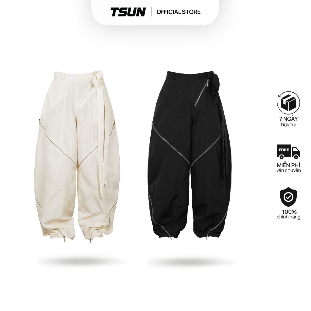 Ảnh Quần Dài Dù Phối Dây Kéo Kim Loại - Màu Kem và Đen - Brand TSUN Chính Hãng [UNISEX] Form Ống Rộng 1