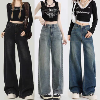 Quà khẩu trang Quần jean bò ống rộng suông đứng nữ MIAA Cạp Cao ôm eo Tôn Dáng màu RETRO