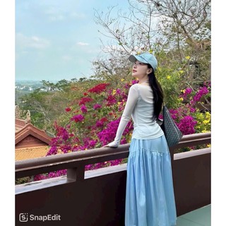 Set váy 3 món áo thun giấy dài tay cổ rộng mix chân váy dài xòe chất đũi vân mây thiết kế trẻ trung cá tính