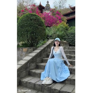 Set váy 3 món áo thun giấy dài tay cổ rộng mix chân váy dài xòe chất đũi vân mây thiết kế trẻ trung cá tính