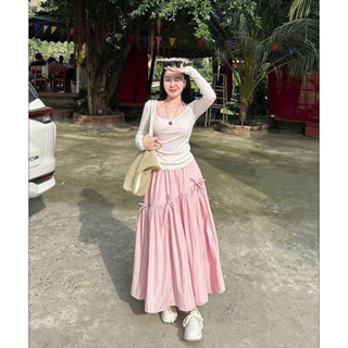Set váy 3 món áo thun giấy dài tay cổ rộng mix chân váy dài xòe chất đũi vân mây thiết kế trẻ trung cá tính