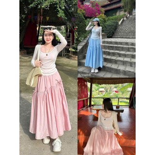 Set váy 3 món áo thun giấy dài tay cổ rộng mix chân váy dài xòe chất đũi vân mây thiết kế trẻ trung cá tính