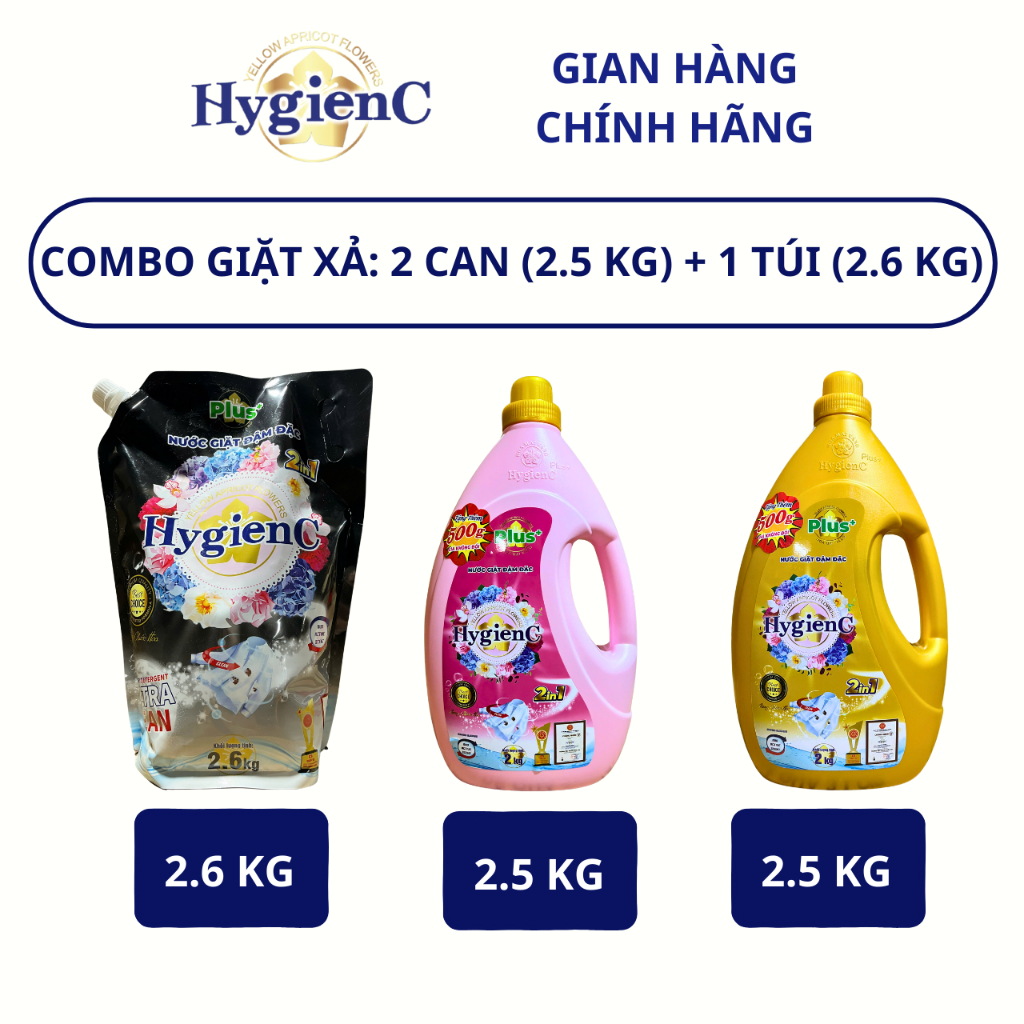 Ảnh Combo 3: 2 Can Nước Giặt Xả 2,5kg + 1 Túi Nước Giặt Xả 2,6kg HygienC Plus Đậm Đặc Hương Nước Hoa 1