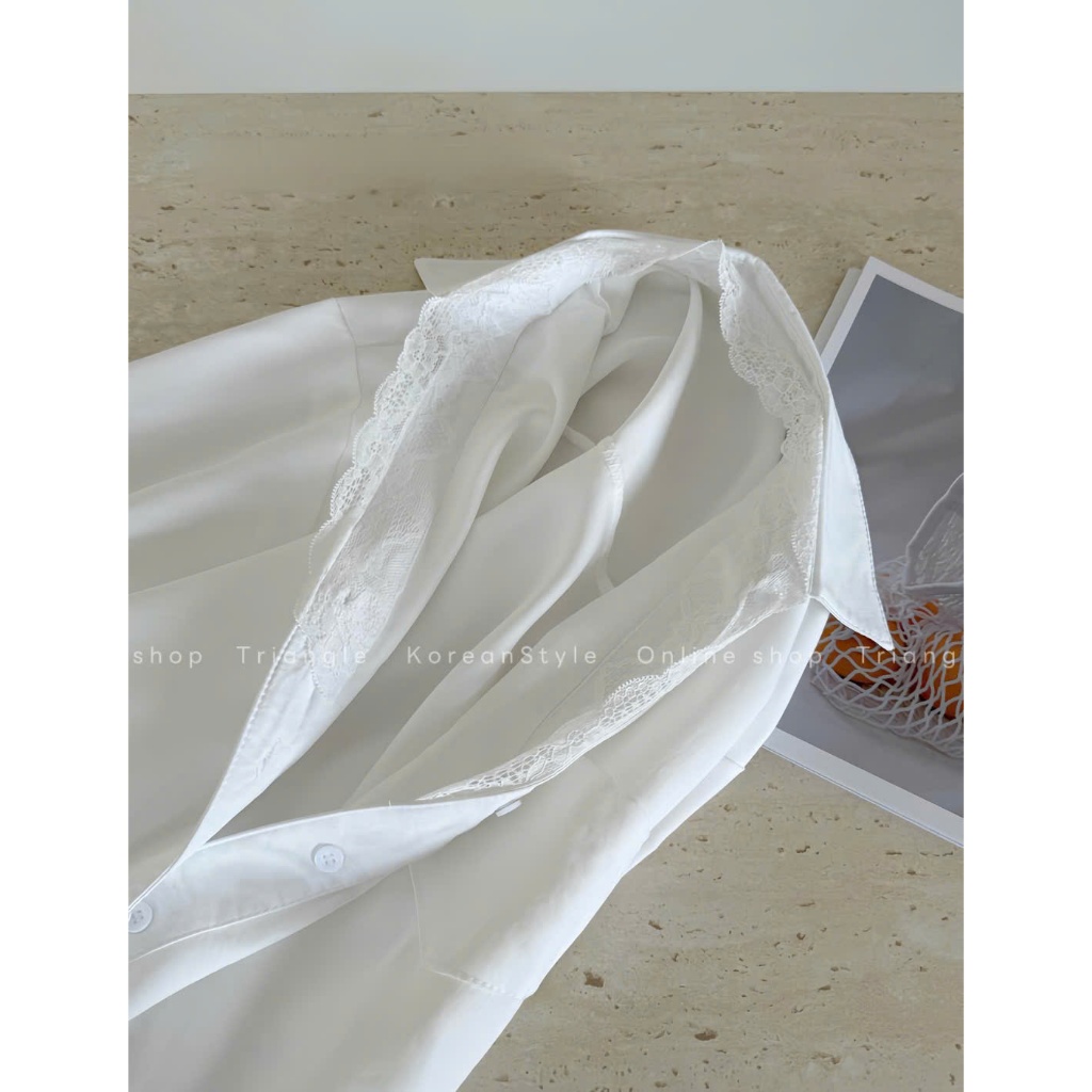 Triangle - White lace shirt (Sale nốt, không hoàn)- Áo sơ mi vải đũi Hàn phối ren phong cách thanh lịch
