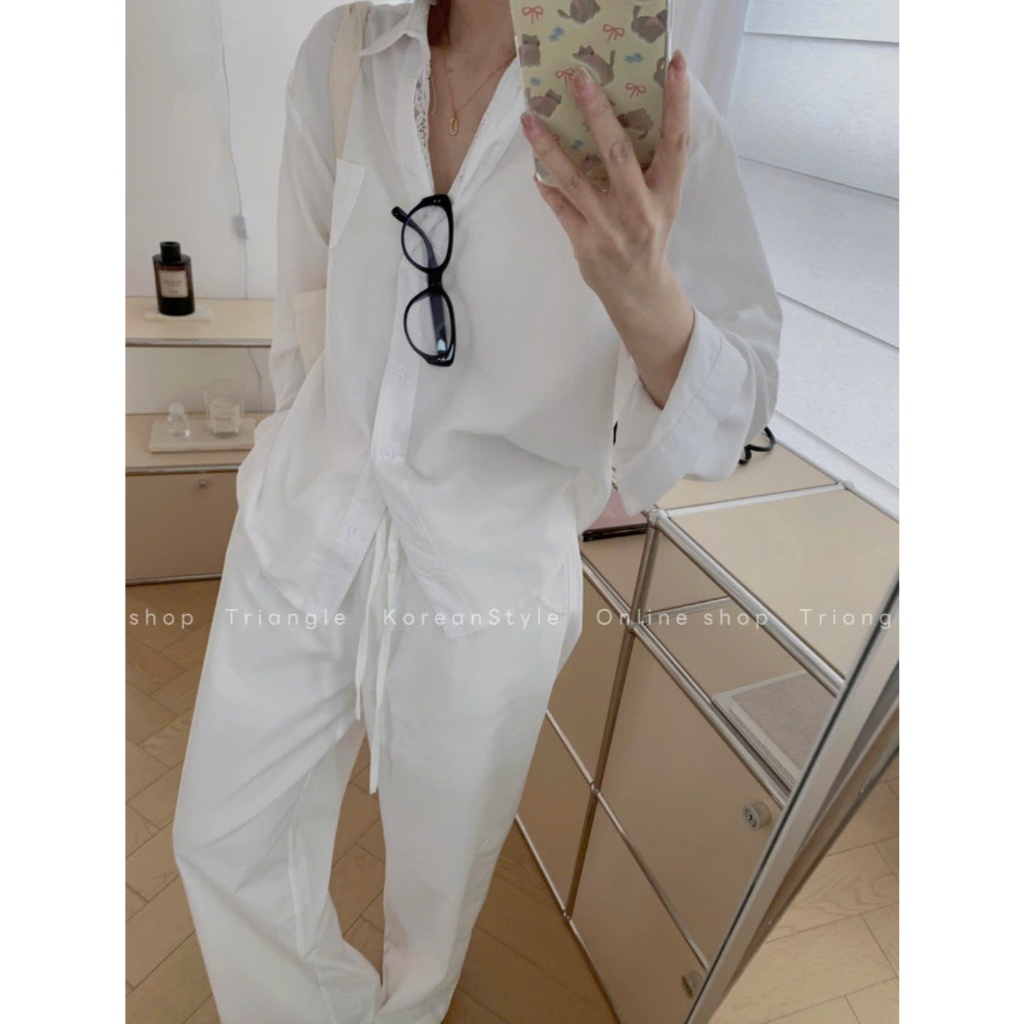 Triangle - White lace shirt (Sale nốt, không hoàn)- Áo sơ mi vải đũi Hàn phối ren phong cách thanh lịch